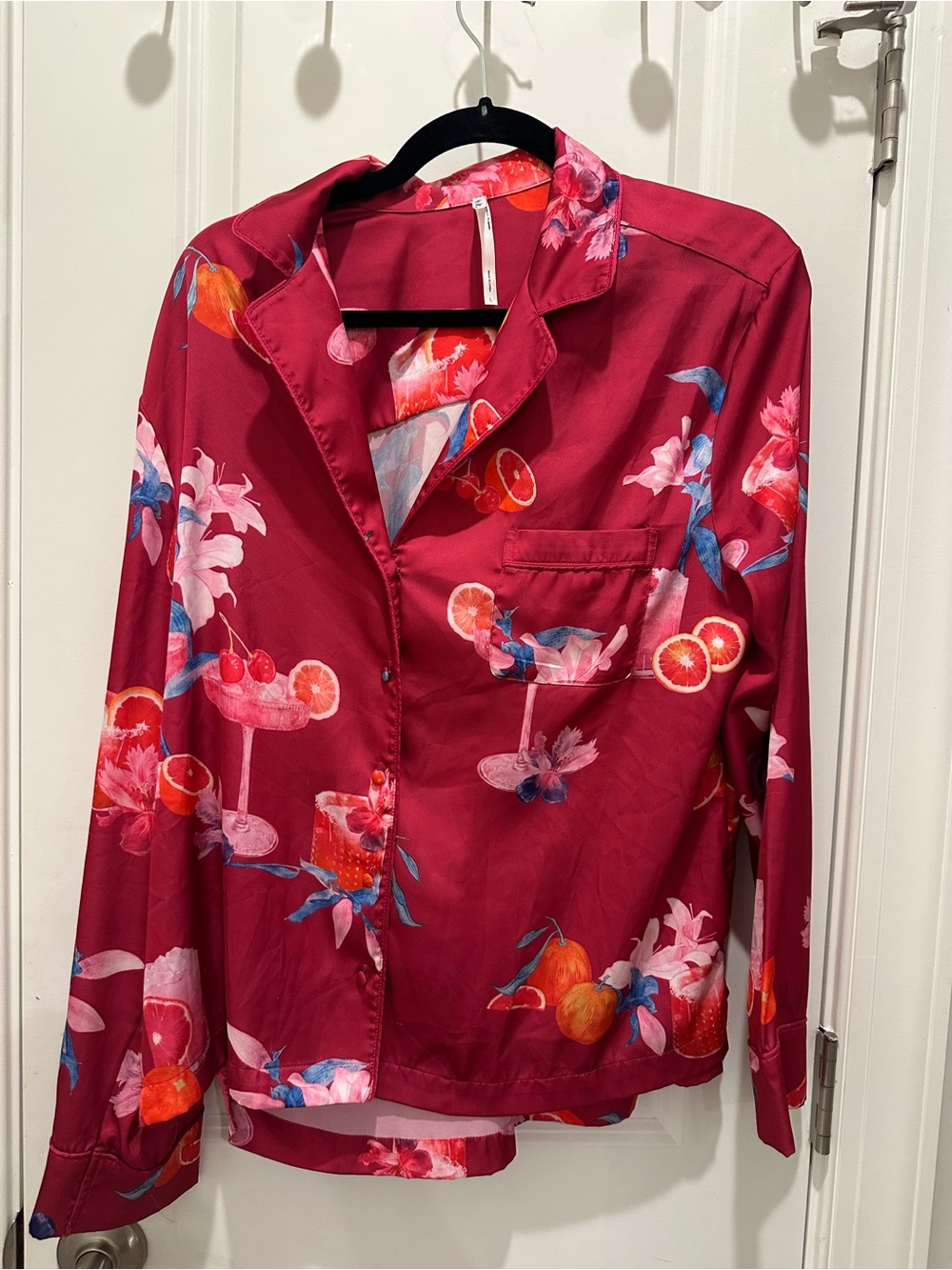 Soma Women's Burgundy Floral & Fruit Print Satin Pajama Top